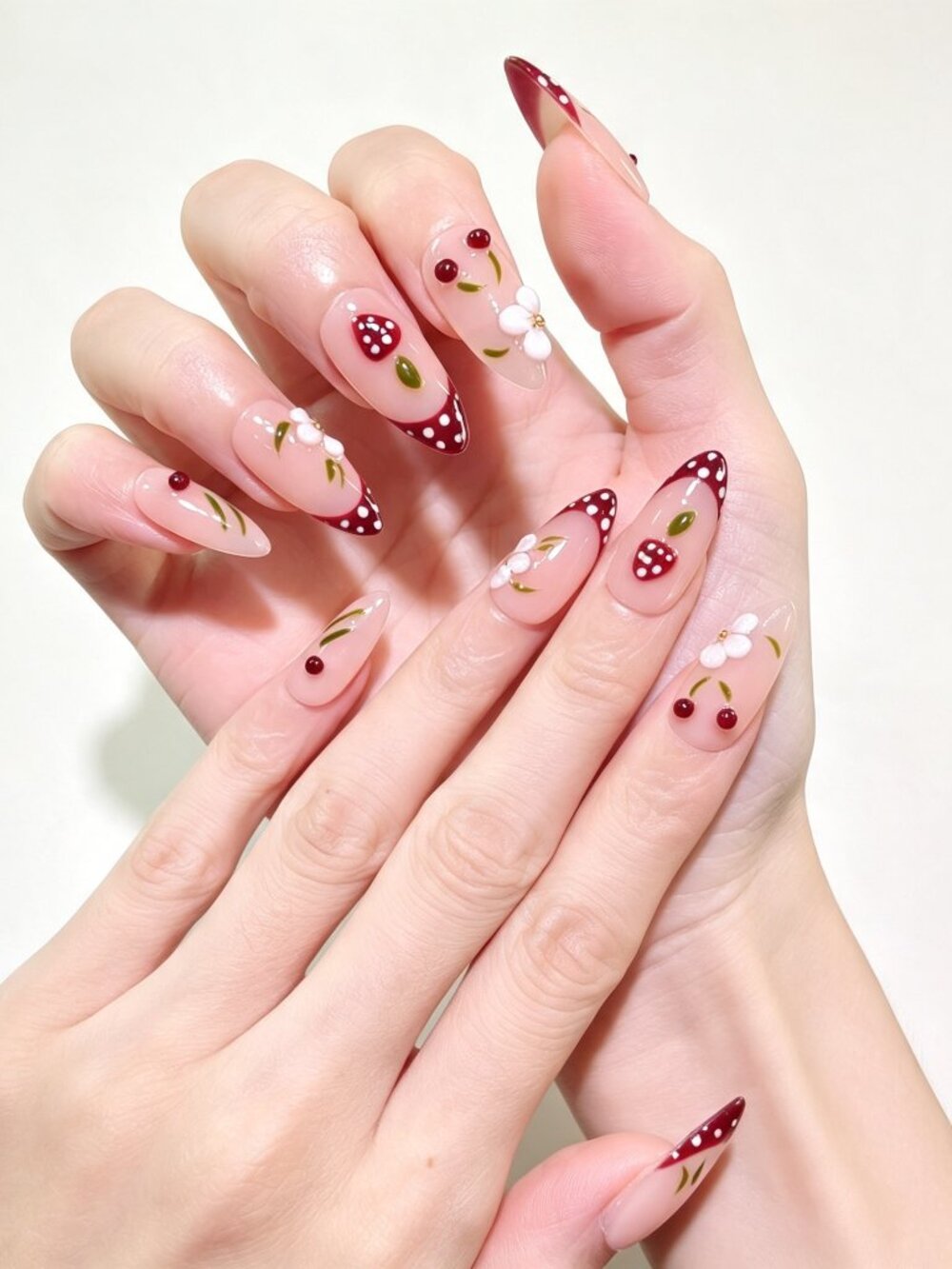 Nude Burgundy French Tip Almond Press On Nails Mushrooms Flowers & Polka Dots